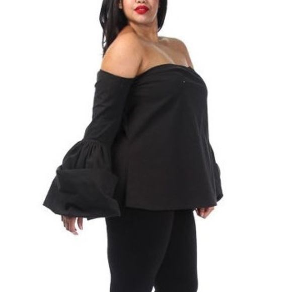 Black Off Shoulder Puff Bell Sleeve Shirt Blouse - Picture 2 of 3